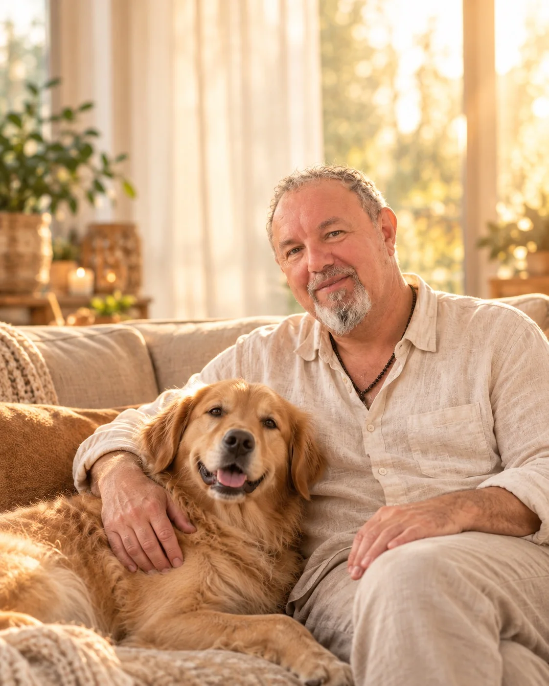 Thomas Lude lacht freundlich in die Kamera, sein Golden Retriever entspannt neben ihm