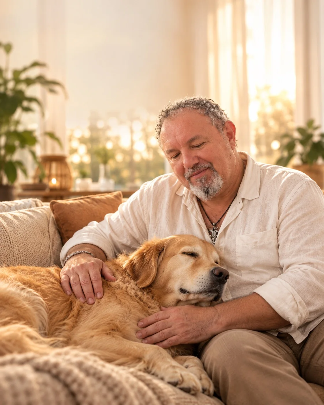 Thomas Lude legt einem entspannten Golden Retriever ruhig die Hände auf